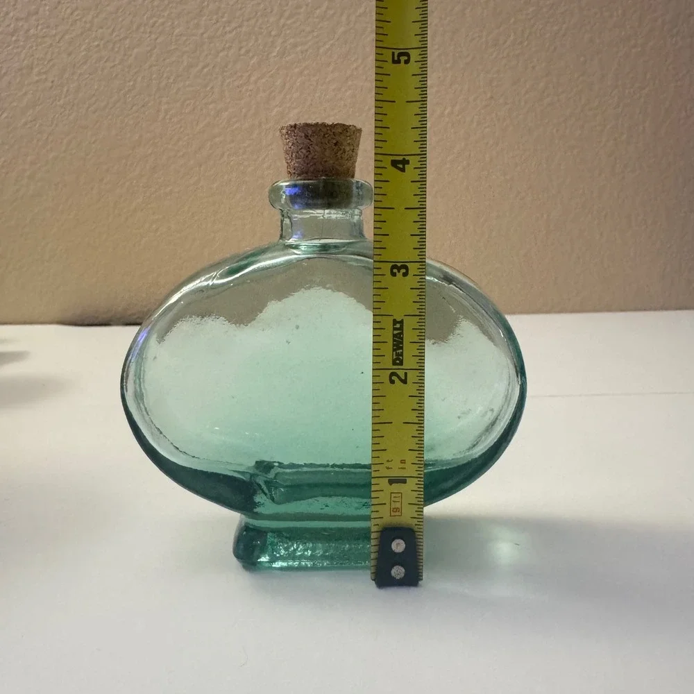 Vintage Aqua Green Glass Oval Decorative Bottle with Cork Stopper 4.5 Inch